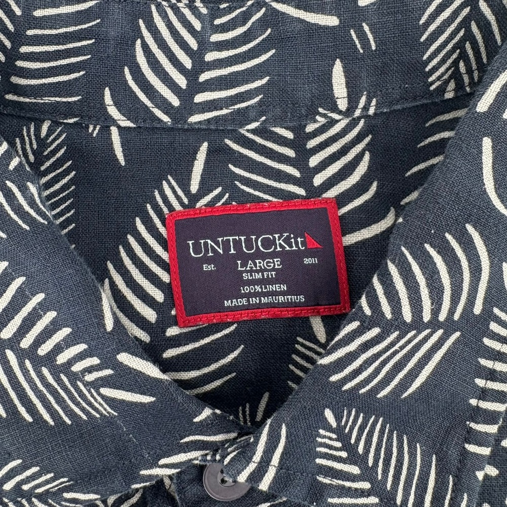 UNTUCKit Men's Large Slim Fit 100% Linen Leaf Print Button Down Shirt Blue - Picture 4 of 9